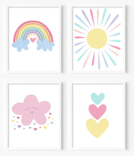 Image of Pink Nursery Wall Art Prints Baby Girl Canvas Rainbow Pastel Wall Decor Boho Pink Cloud Colorful Sunshine Hearts Wall Art for Toddler Girls Baby Kids Room Decor,Set of 4(8x10inch,Unframed).
