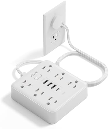 Portable Ultra Thin Flat Plug Surge Overload Protector Power Strip 5ft Extension Cord with 6 AC Power Outlets 4 USB (1C) for Home Office Dorm Travel Essentials Fire and Reach 15A 1875W UL