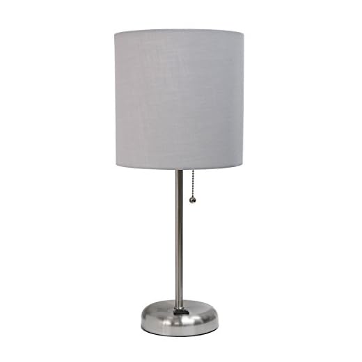 Limelights LT2024-GRY Brushed Steel Lamp with Charging Outlet and Fabric Shade, Grey