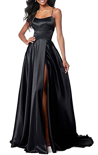 Lecureler Long Satin Spaghetti Strap Prom Dress Black Size 18