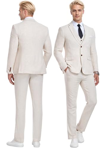 Wehilion Retro Linen Men Suit Beach Wedding Suit Summer Slim Fit 3 Pieces Light Weight Linen Suit Jacket Vest Pant Tuxedo2