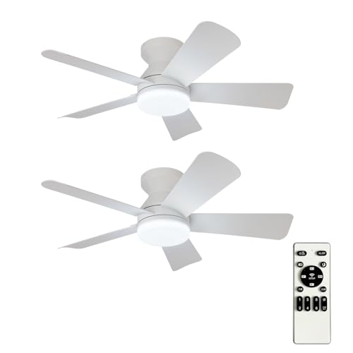Image of Depuley White Ceiling Fans with Lights: 5 Blade Modern Flush Mount Low Profile Ceiling Fan for Bedroom Porch - 35 Inch Indoor Outdoor Ceiling Fan with Remote Control Dimmable Quiet Timer - 2 Packs