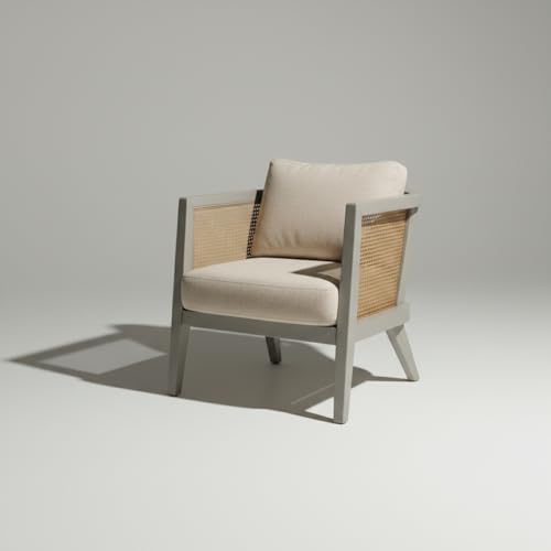 Image of APRODZ Solid Wood Accent Chair for Living Room Mid Century Modern Wooden Upholstered Armchair with Cushion Lounge Chair Cane Back Wooden Frame for Living Room Bedroom Office Seating (Light Grey)