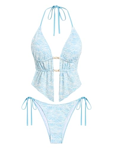 Image of ZAFUL Halter Swimsuits for Women Textured Backless 2 Piece Bathing Suits Cheeky High Cut String Tie Side Bikini Sets