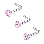 FECTAS 20G L Shaped Nose Studs Surgical Stainless Steel 3mm Round Star Heart Pink CZ Nose Rings Studs Silver Nose Rings for Women Nose Nostril Piercing Jewerly 3pcs