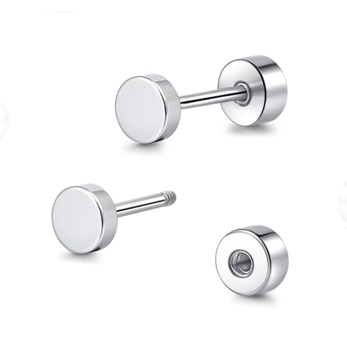 TitanHeart Hypoallergenic Titanium Screw Back Flat Back Dot Stud Earrings 3mm-5mm Simple Classic Helix Tragus Cartilage Earlobe Stud Earrings for Women Men(Silver 5mm)