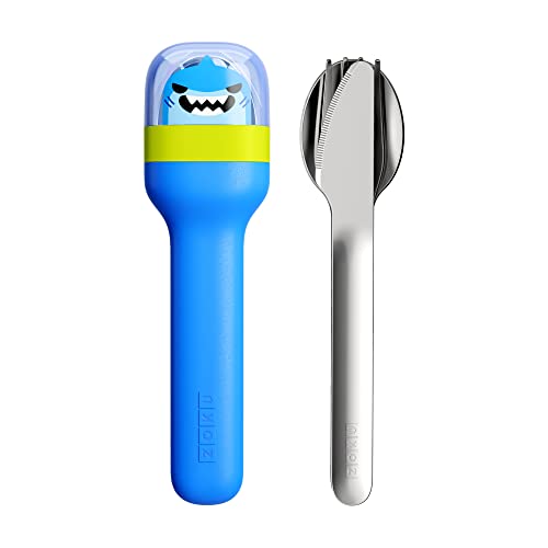 Image of Zoku Kids Stainless Steel Travel Cutlery Set - Fork, Knife & Spoon with Case (Shark Blue) | Reusable Portable Utensils for School, Picnics & Outdoor