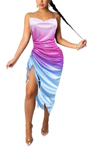 Image of Club Dress Sexy Dress for Women Wedding Party Birthday Cocktail Spaghetti Strap Satin Side Ruched Midi Mini Dress