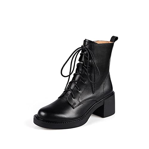 Bottes femme hiver cuir bout rond talon épais à lacets longues retro