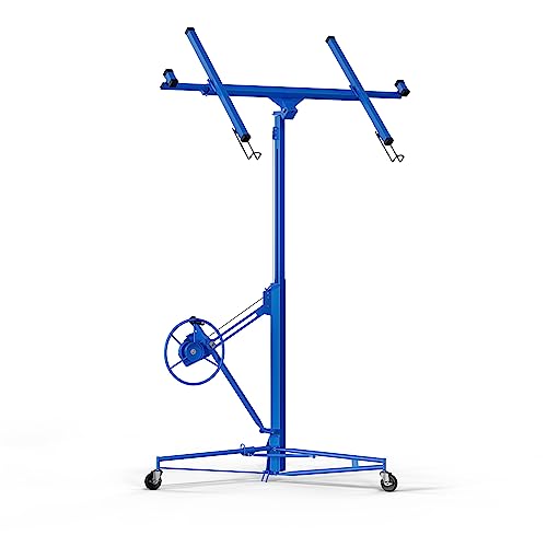 16 FT Drywall Lift Panel Rolling Hoist Jack Lifter - Easy Assembly, One-Person Operation, 150 lbs Load Capacity - Ideal for DIY and Home Renovation - Adjustable Telescopic Arm, with Wheels - Blue