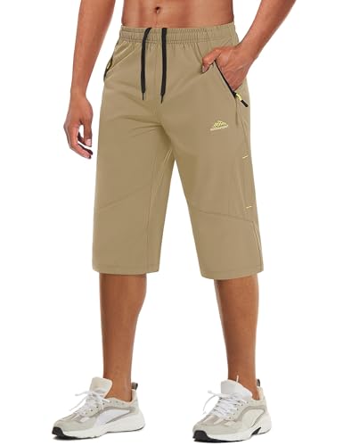 MAGCOMSEN Mens 3/4 Long Shorts Casual Quick Dry Lightweight Below Knee Gym Capri Pants with Zipper Pockets Khaki, 40