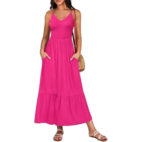 Kranda Summer Dresses for Women 2025 Maxi Dress Casual Vacation Sundresses Flowy Sleeveless V Neck Tiered A Line Adjustable Spaghetti Strap Smocked Back Cutout Long Beach Dress with Pockets Hot Pink M Cover