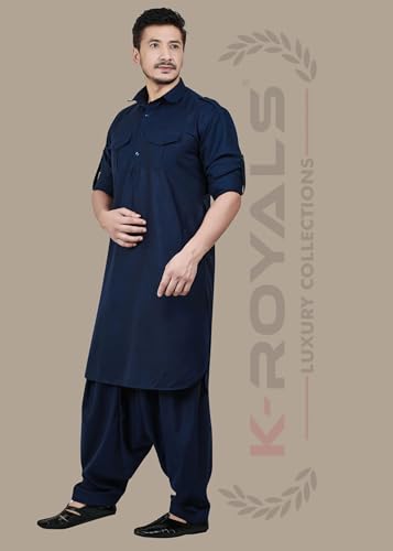 K-ROYALS Men's Cotton Blend Pathani Kurta Pyjama Suit