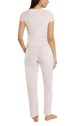 Image of Juicy Couture Women's 2 Piece Velvet Fleece Short Sleeve Shirt and Pants Lounge Sleepwear Set