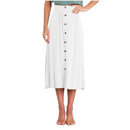 Womens Casual Front Button Skirts 2025 Summer Outfit Flowy Beach Skirts for Women Elastic High Waisted Midi Skirt