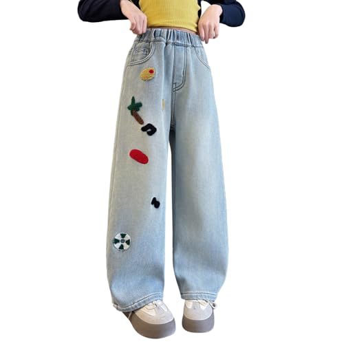 Girl's Bow Embroidered Baggy Jeans Elastic Wasit Wide Leg Denim Pants Casual Y2K Streetwear Cute Trousers with Pockets