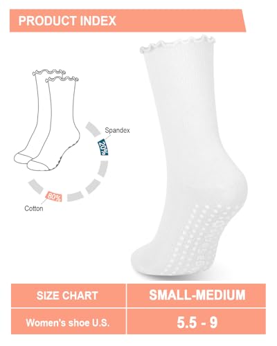Image of Aoliks White Pilates Grip Socks for Women, Ruffle Yoga Crew Socks for Barre Hospital Sticky Slipper Socks