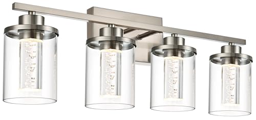 Image of 4-Light Modern Bathroom Light Fixtures Over Mirror,Brushed Nickel Led Vanity Lighting Fixtures with 5CCT Dimmable LEDs,Clear Glass Shades &Wall Sconces Lighting Design for Bedroom,Livingroom