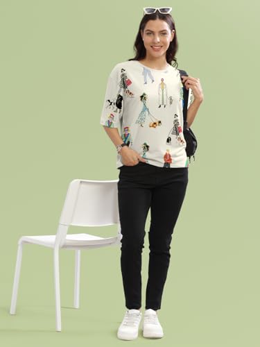 Image of HELLCAT Beige Printed Loose Fit Crew-Neck Crop T-Shirt for Women