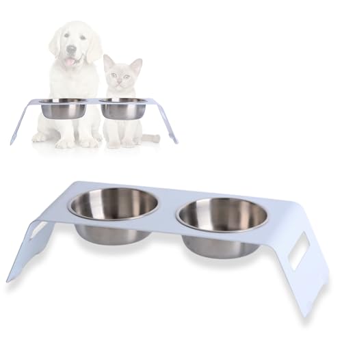 PETLINUS Ciotole per Gatti Rialzate, Ciotole per cani piccoli e Gatti per Acqua e Cibo, Doppia Ciotola Gatto, Ciotola rialzata - acciaio inossidabile e metallo laccato - 2x320 ml - Bianco