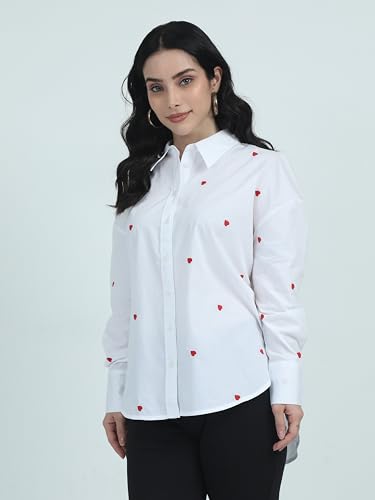Image of Glam & Chique Women's Button-Down Oversized Shirt with Heart Embroidery S-2XL