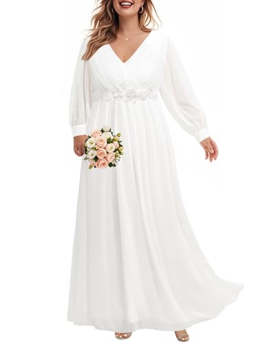 Image of Pinup Fashion Women Plus Size Formal Dresses - Long Sleeve Evening Gown Applique Chiffon Maxi Dress