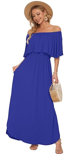 Image of AUSELILY Womens Off Shoulder Ruffle Split Summer Maxi Dresses with Pockets | Off-shoulder Ruffle dress with empire waist & side split for summer beach and casual parties
