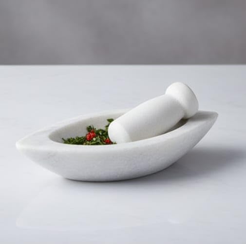 Image of Marble Mortar and Pestle Set Stone, Khalbatta, Kharal, Okhli, Imamdasta, Musal, Masher, Mixer, Idikallu, Silbatta for Kitchen Boat Shape 7 Inch