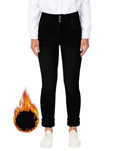 Fleece Lined Jeans Women Thermal Flannel Lined Jeans 3 Buttons Winter Warm Skinny Stretch Denim Pants3