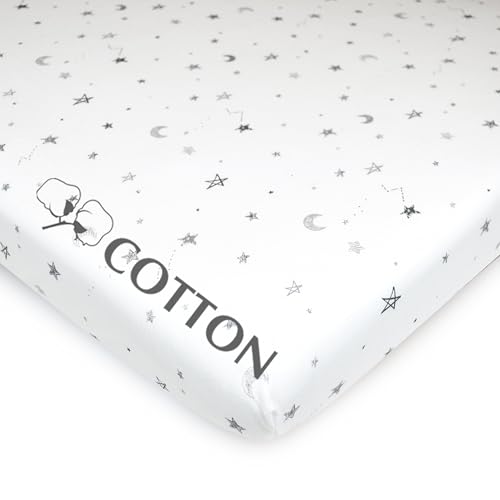 Image of American Baby Company 100% Natural Cotton Fitted Mini Crib Sheet 38 inch x 24 inch - Soft & Breathable Small Nesting Portable Crib Sheet, Fits Pack N Play Mattresses, Gray Stars and Moons, for Boys & Girls