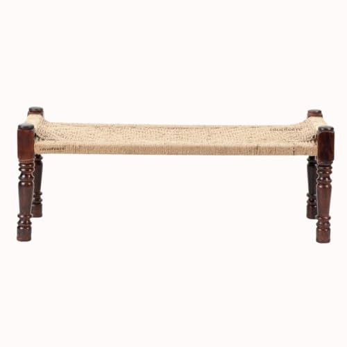 Image of Wooden Bench for Seating | Handcrafted Sheesham Wood Bench for Living Room, Balcony & Garden | Traditional Patio for Outdoor with Jute Handwoven Rope | Jute