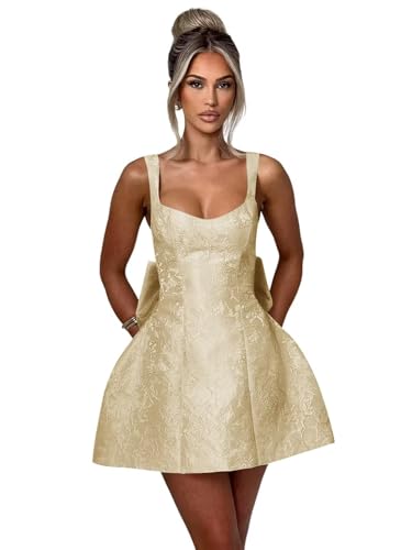 Image of V Neck Satin Champagne Short Homecoming Dresses for Teens 2025 A Line Sleeveless Lace Up Mini Cocktail Prom Party Gown with Bow Plus Size US20W