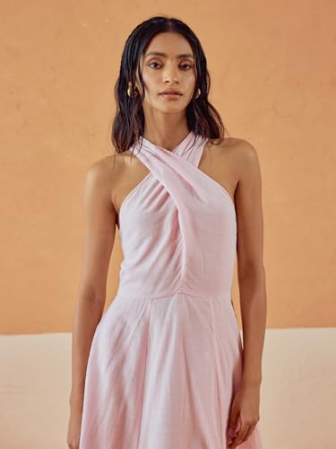 Image of FIORRA Women's Light Pink Solid Linen Maxi Dress