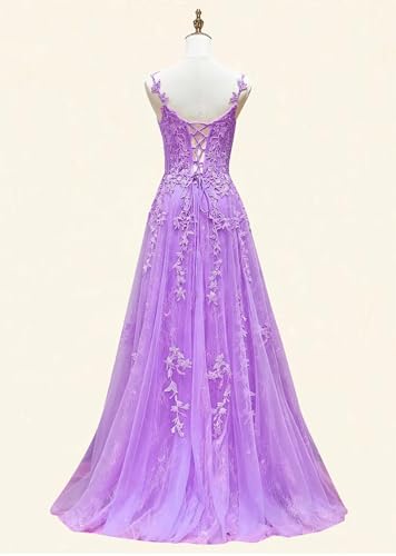 Lace Tulle Prom Dresses with Slit Long Ball Gown A-line Spaghetti Strap Formal Evening Wedding Party Gown3
