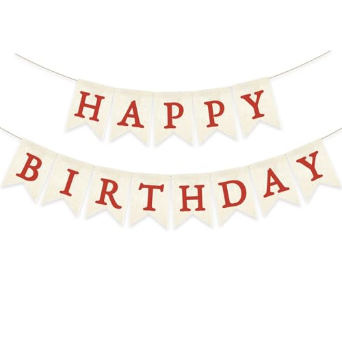 Red Happy Birthday Banner Pre-strung Burlap Bunting Party Backdrop Sign Decoration