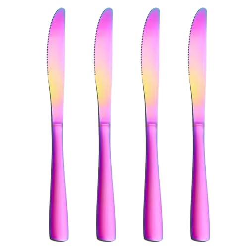 Image of 8.6 inch Rainbow Steak Knives Set of 4 - Food-Grade 18 /8 Stainless Steel Dinner Knives, Durable Mirror Polished Metal Silverware, Perfect for Home, Restaurant, and Gifting