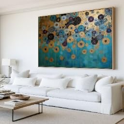 Peinture décorative haut de gamme en toile géométrique bleu turquoise et cercles dorés