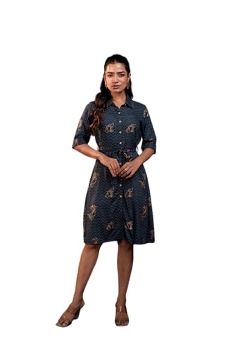 Image of Juniper Teal Zig‑Zag Print Button‑Down Cotton Shirt Dress with Belt