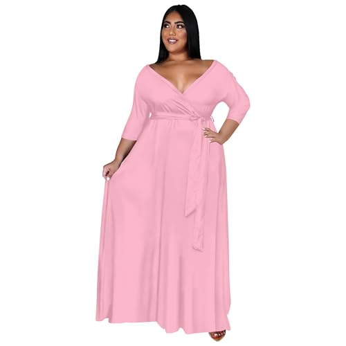 Image of Nmoder Plus Size Maxi Dress for Women - Summer Casual 3 /4 Sleeve Floral Flowy Long Dress with Belt XL- 6XL