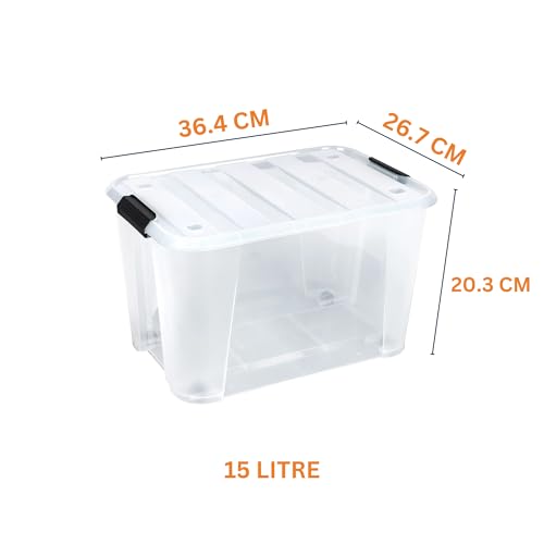 Image of Clear Heavy Duty Bulk Storage Container with Lids Pack of 4, 15 Litre | Stackable Plastic Bins with Handles & Rolling Wheels | BPA-Free, Multi-Purpose for Kitchen, Pantry, Office, or Garage