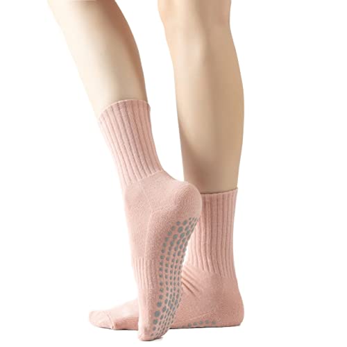 Yoga Pilates Socks with Grips for Women Non Slip Solid Colored Fleece Cushioned Mid Calf Crew Socks for Barre Ballet Dance