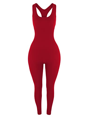 AUROLA Power Workout Jumpsuit for Women Yoga Gym Seamless One Piece Racerback Tummy Control Padded Bra Jumpsuit, Chili Red, Medium