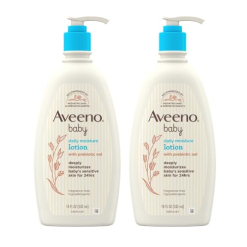 Image of Aveeno Baby Daily Moisture Body Lotion, Fragrance-Free, 18 fl oz, 2 Pack | Baby Lotion Deeply Moisturizes Skin, Suitable for Sensitive Skin, Formulated Nourishing Oat, Hypoallergenic