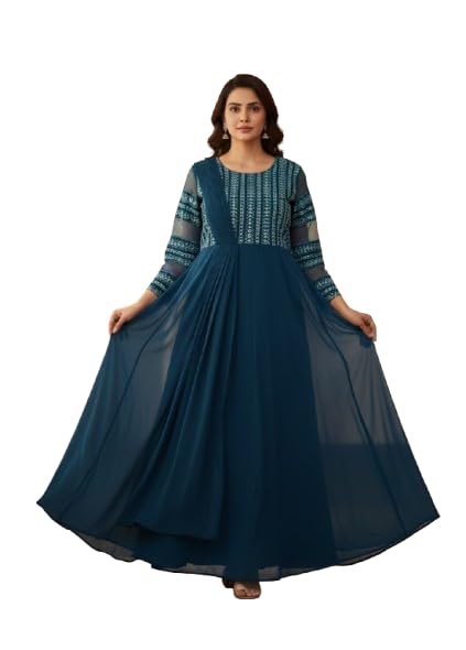 Teal Blue Embroidered Long Gown, Flowy Anarkali Style, Full Sleeves, Georgette Fabric-image-33