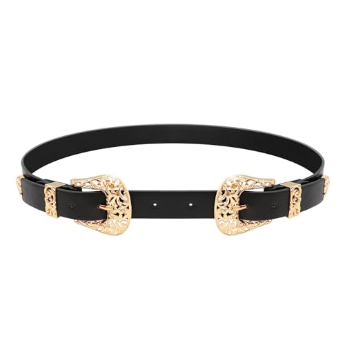 Women's Vintage Western Genuine Leather Belt Black Waist Belt for Pants Dresses