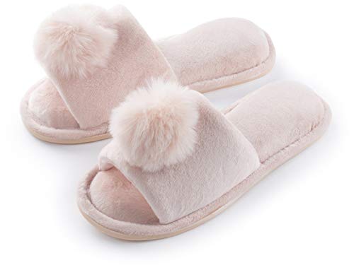 Pupeez Girl's Slipper Lovely Velvet Pom-pom Open Toe Kids House Slides Beige 2/3