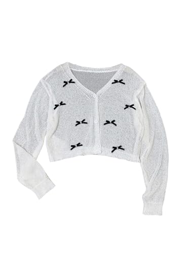 WDIRARA Girl's Bow Front Mesh Sheer Long Sleeve Ribbed Knit Cardigan Sweater