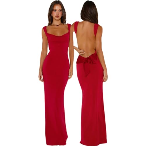 JYIXXZX Robe Femme Longue Sexy Dos Nu Maxi Robes sans Manches Elégant Robes Moulante Col en Carrée Bodycon avec Nœud Papillon d'Été Robe de Soirée Cocktail Club...