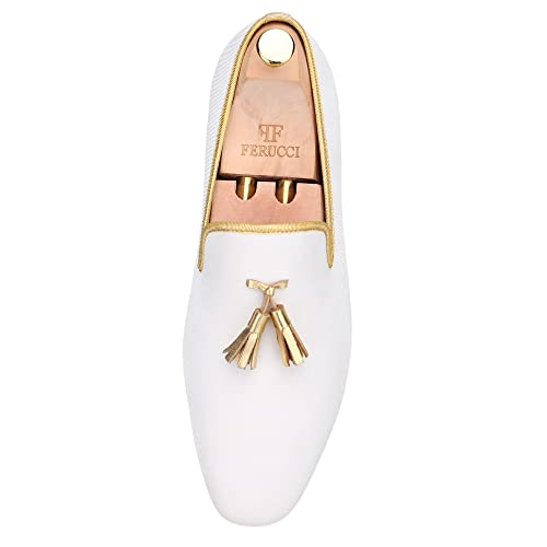 FERUCCI Men White Velvet Square Toe Gold Tassel Slippers Loafers Flats Prom Wedding4