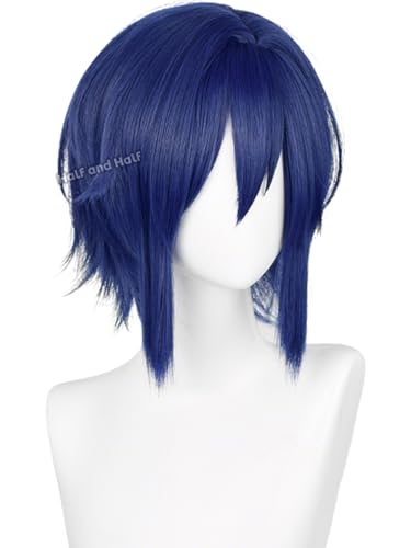 Image of Half and Half Short Dark Blue Anime Cosplay Wig for Men Deep Blue Virtual Singer Male Costume Wigs with Bangs for Women Unisex Halloween Party